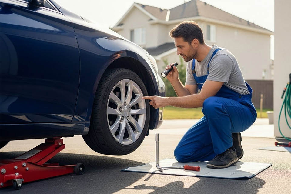 Mechanic working next to a vehicle wheel in a driveway