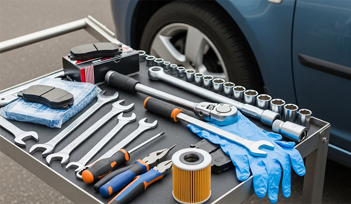 Close-up of tools and parts laid out neatly on a work cart